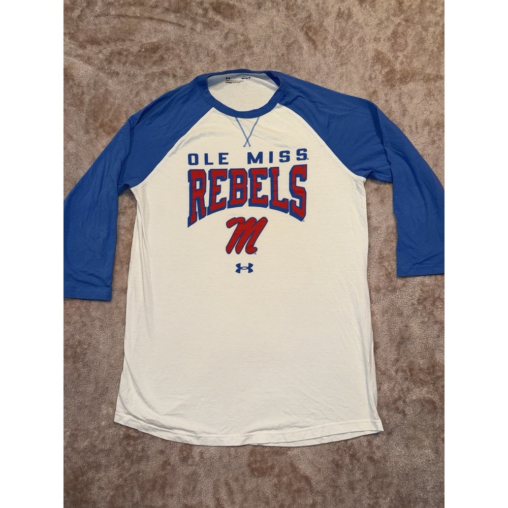 Ole Miss Under Armor Baseball Retro T Shirt Size Medium Blue And White
